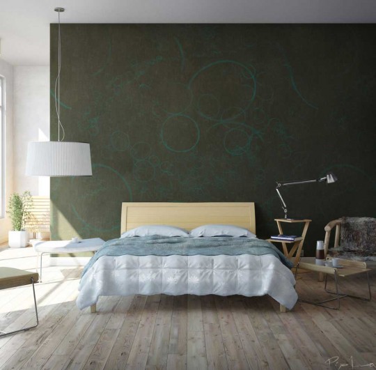 Bedroom With Beechwood Floors Dark and Exotic Green Walls