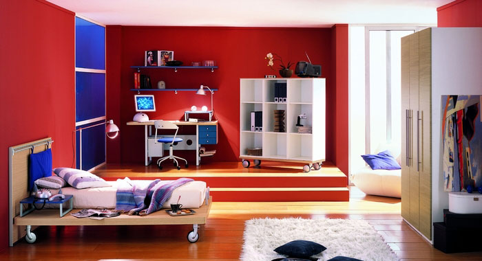 Cool Red Boys Bedroom Design with Blue Accents - Interior Design Ideas