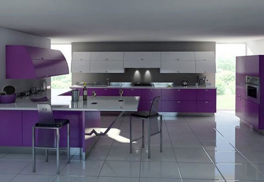 Modern Black and White Kitchen Inspiration: Modern White and Purple Kitchen Furniture Ideas
