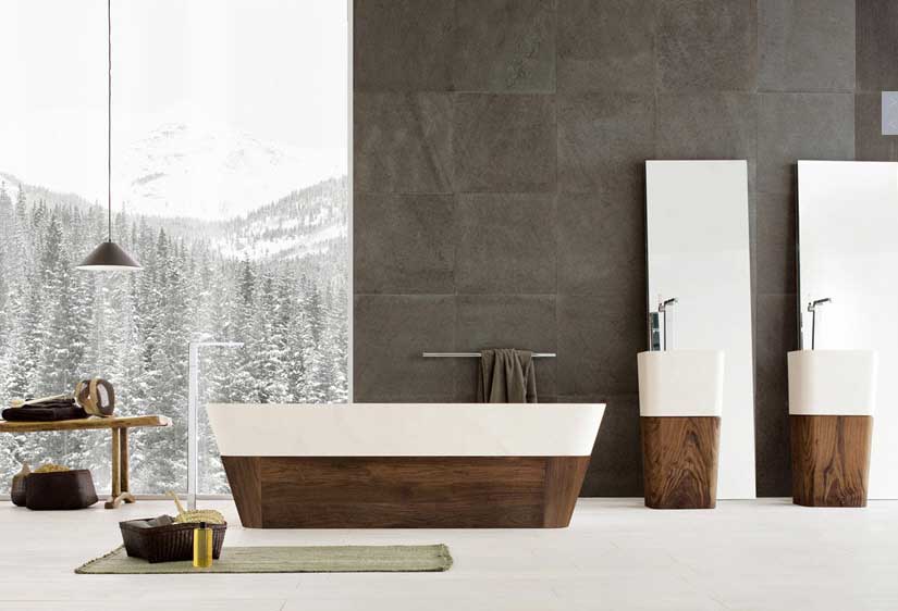 Nice Bathrooms from Neutra with Wood elements and Ice Mountain Wallpaper
