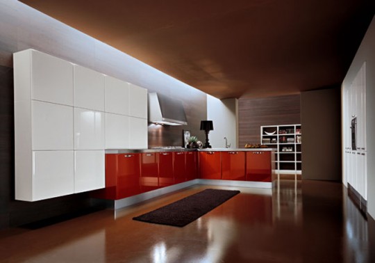 Red and White Kitchen with Black Rug Design Ideas