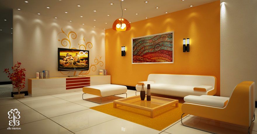 Beautiful Yellow Living Room with Modern Ceiling Light - Interior ...