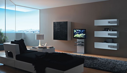Exotic Color Living Room with White Wall Unit