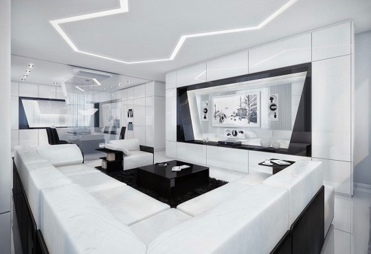 Modern Black and White Living Room with Black Rug