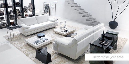 Modern Black and White Living Room with Minimlistic Stairs and Lamp
