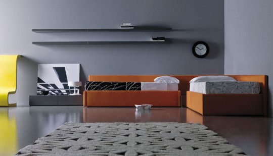 Orange and Grey Bedroom with Yellow Pops