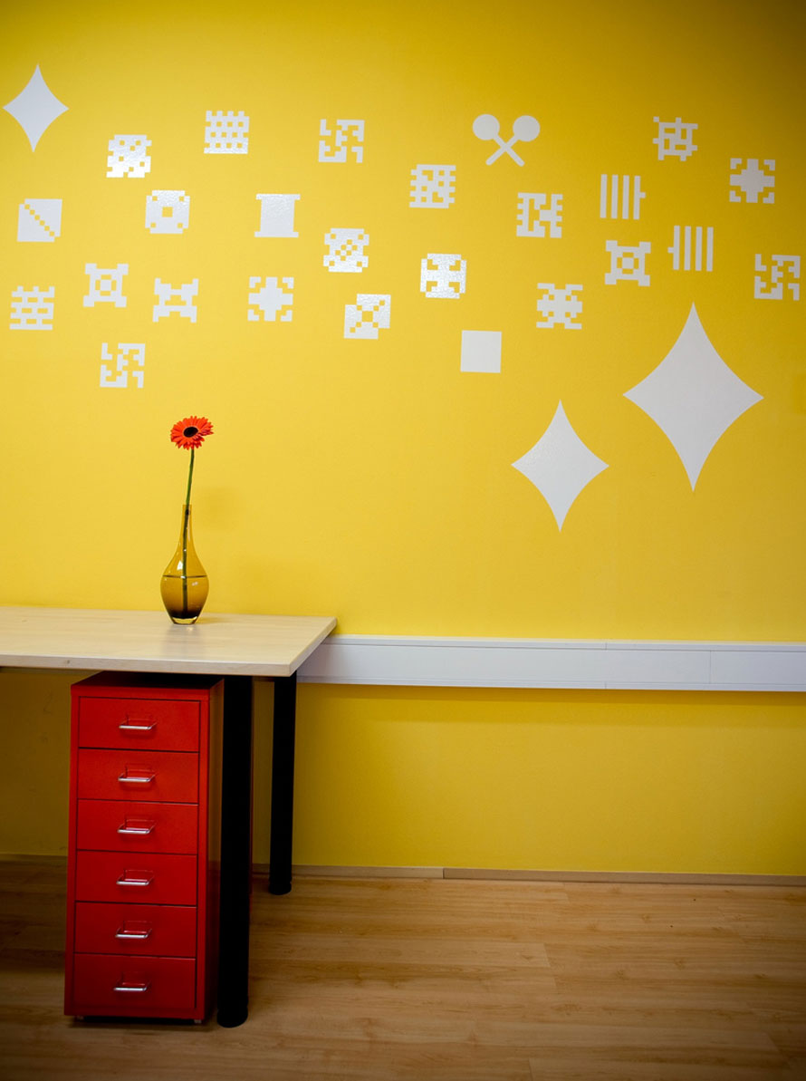 Yellow Wall with Dot Pixel Decorations Interior Design Ideas