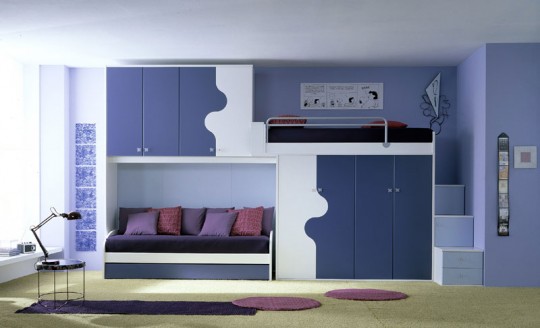 Blue, White and Violet Bunk Beds with Sofa Bed