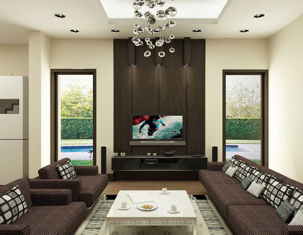 Brown Living Room with Modern Ceiling Lamps - Interior Design Ideas