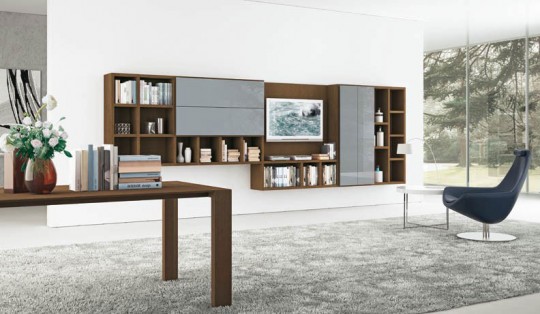 Brown and Grey Shelving Unit in Large Space Living Room