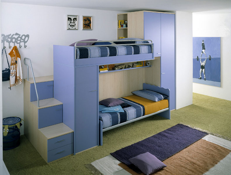 Light Blue Bunk Beds Furniture with Practical Storage System Hidden ...