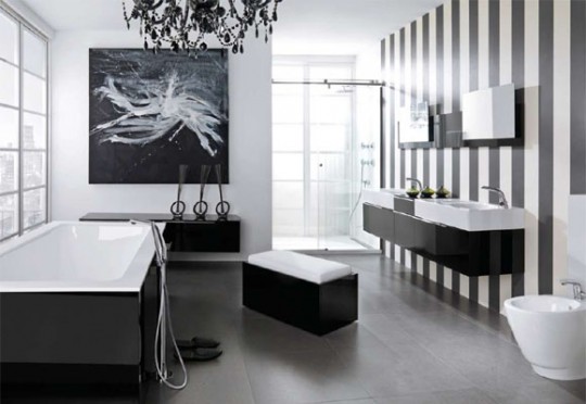 Modern Black and White Bathroom Inspirations with Striped Wall