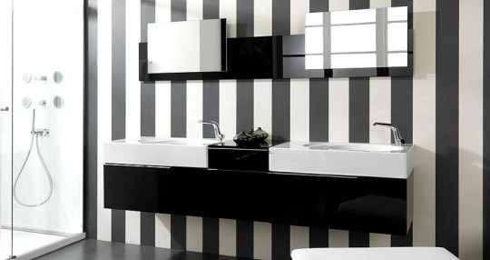 Modern Black and White Bathroom Sinks with Striped Wall