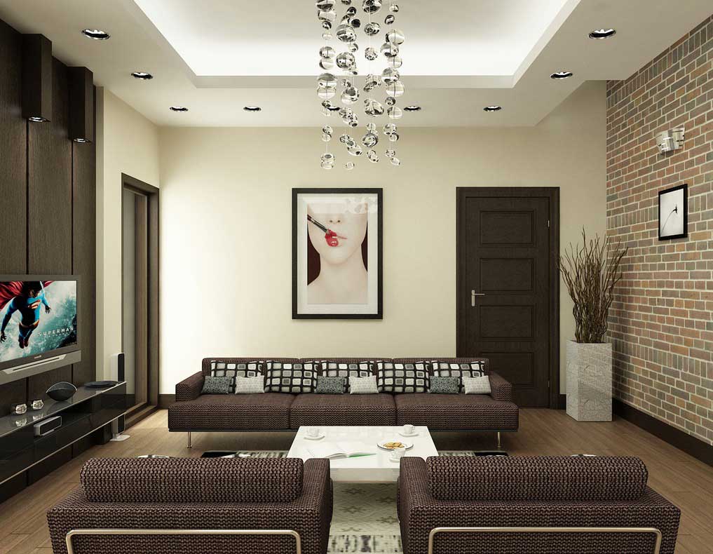 wall decorations living room on Living Room With Brick Wall Decor  Modern Brown And White Living Room