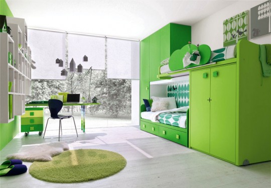 Modern Green Kids Room with Study Desk and Glass Wall