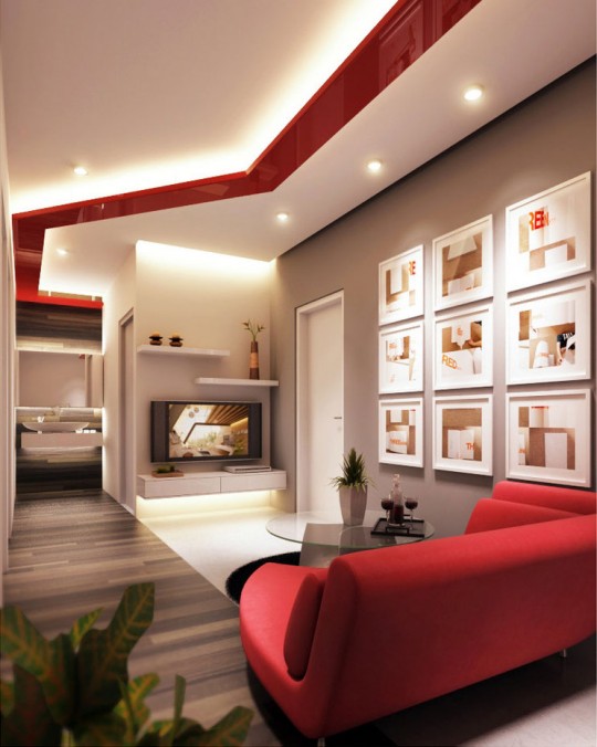 Modern Living Room Combines White and Red Ceiling Vibe