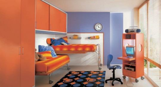 Sky Blue and Orange Kids Room with Circular Rugs Motive with Fexible Computer Desk