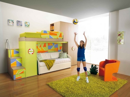 Sporty Kids Room Decor with Green Bunk Beds and White Sofa Beds
