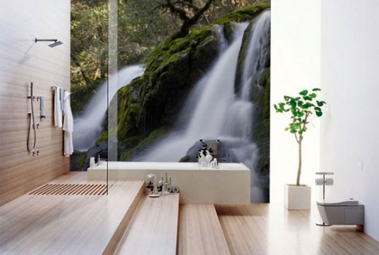 Awesome Photo Wallpapers Design Ideas: Stylish Bathroom with Waterfall Wallpaper Ideas