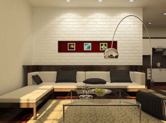 Contemporary Versatile Designs by Hieu Nguyen’s: White Living Room with Brick Wall and Red Accents