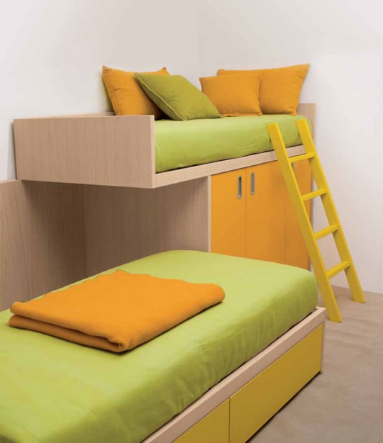 Modern and Cool Bedroom Design Ideas for Two Children: Yellow and Green Bunk Beds for Kids with Ladder Stand