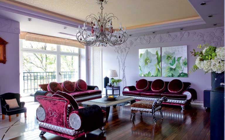 Lilac and Plum Violet Living Room with Luxury Sofas and Chandelier ...
