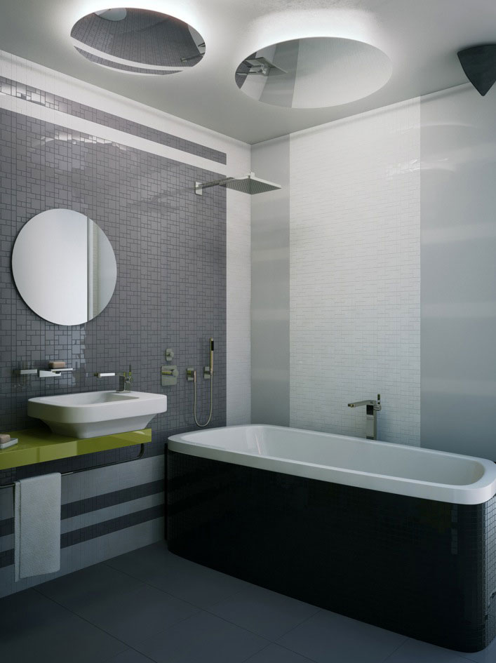 Modern Grey Bathroom with Bath Lighting - Interior Design Ideas