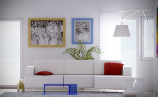 White Red Living Room with Blue Plastic Table