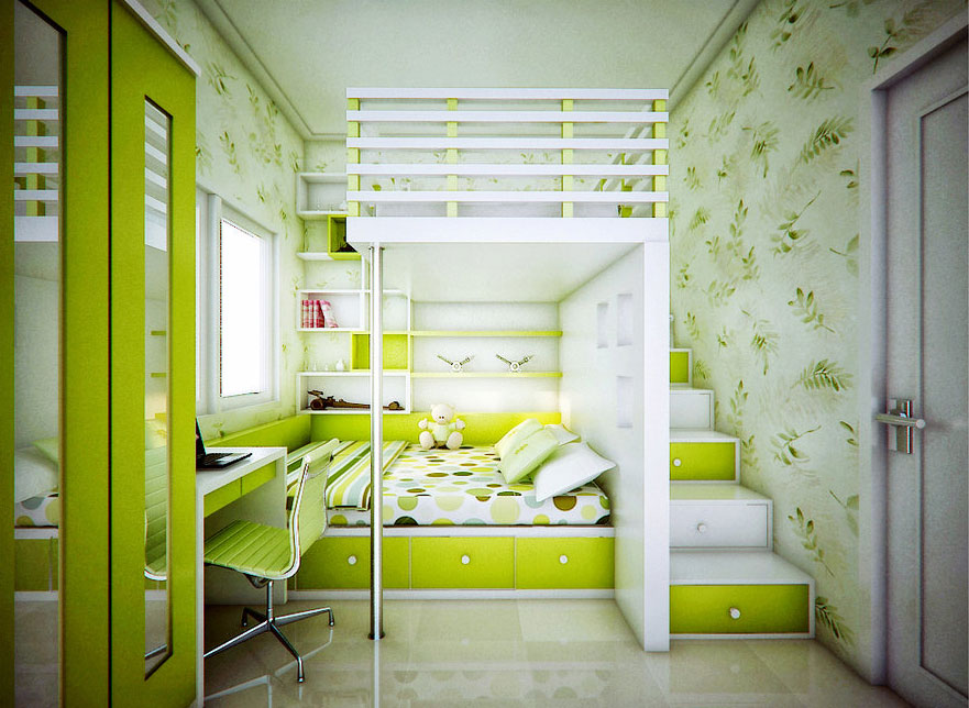 Catchy Kids Bedroom with Lime Green Color Ideas