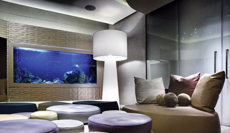 Cool Residence Living Room with Large Aquarium - Interior Design Ideas