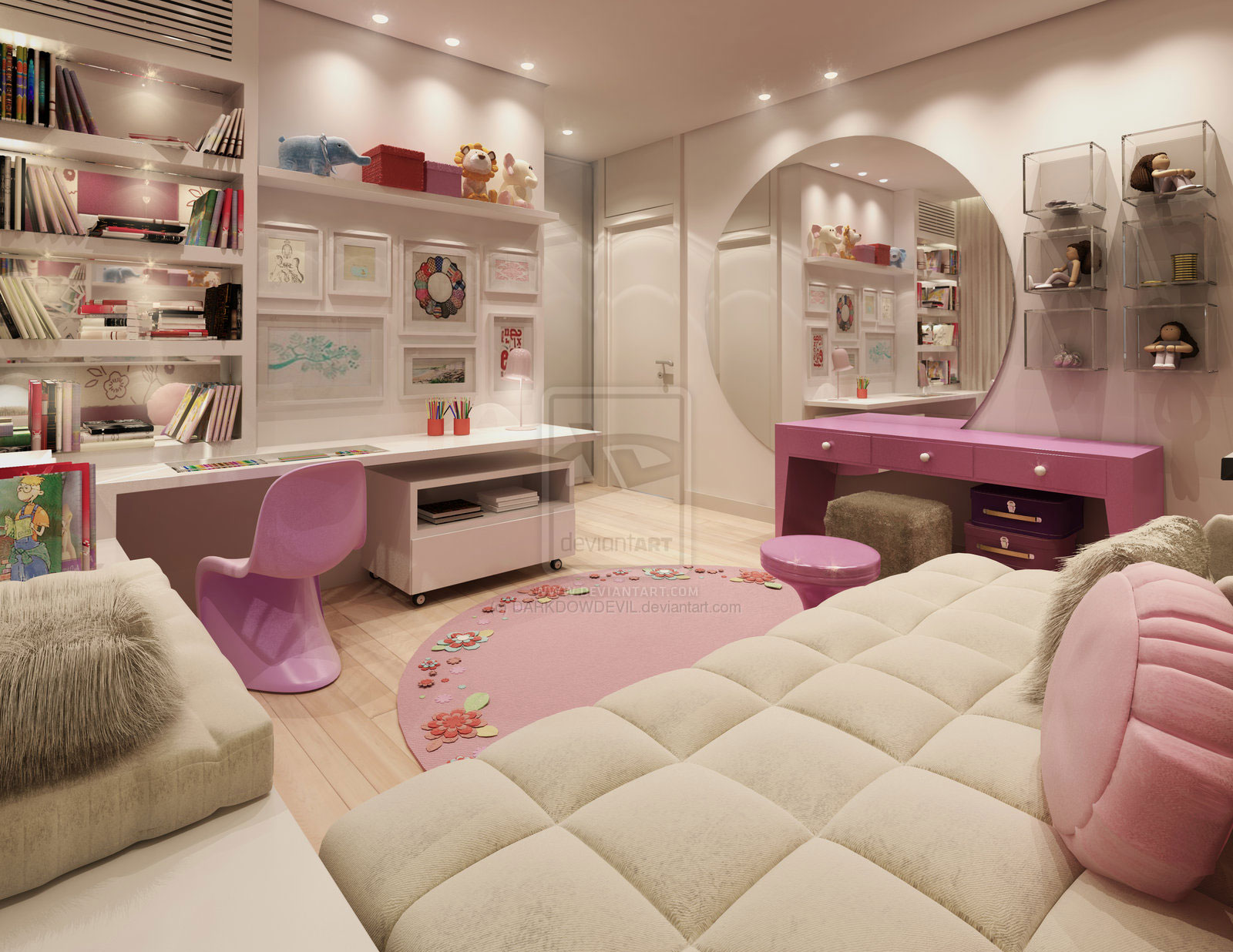 Pink nad White Super Girly Room with Round Wall Mirror ...