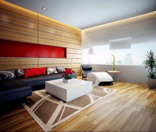 Amazing Home Design Interiors 2012: Wood Panel with Red Accent Living Room Design
