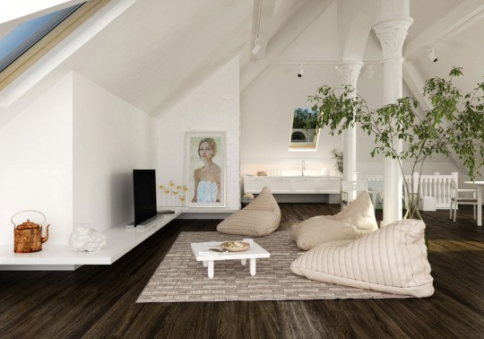Beautiful Sloped Ceiling Design: White living room in loft with slooping ceiling