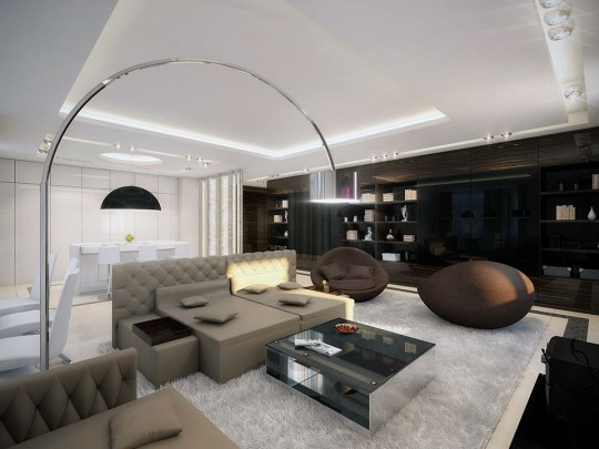 Cool Open Living Room with Beige Sofa and White Rugs
