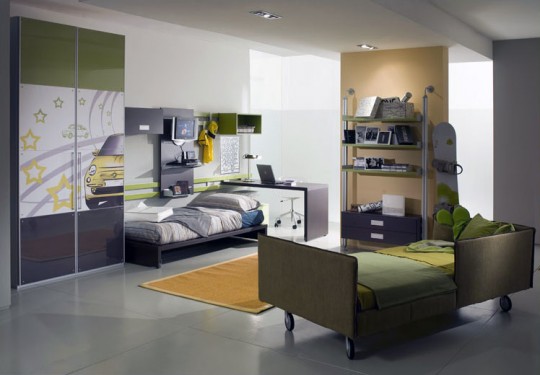 Olive Bedroom Color for Teen with Snowboard