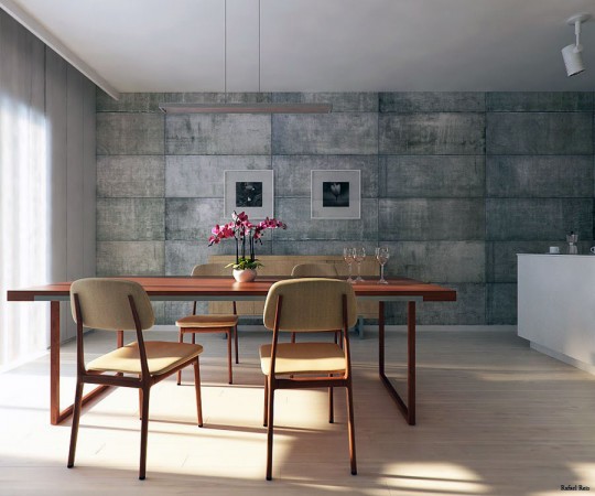 Utilitarian Dining Room with Concrete Block Walls