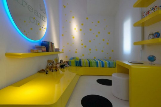 White Interior Design with Soft Color Element: White Bedroom with Yellow Furniture and Blue Mirror Backlit