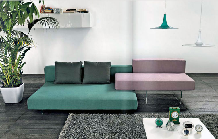 Green Light Purple Sofas in Grey Living Room - Interior Design Ideas