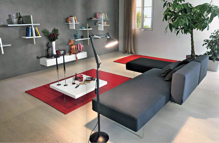 Green Light Purple Sofas in Grey Living Room - Interior Design Ideas