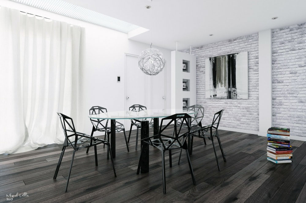 white brick wall dining room