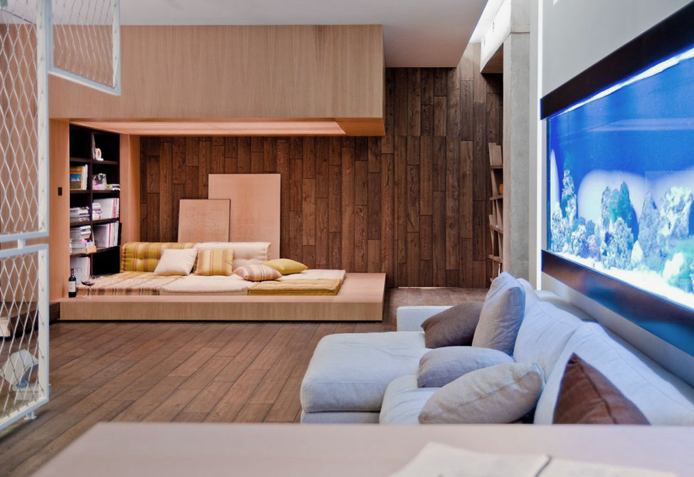 Open Plan Neutral Living Room with Exotic Aquarium - Interior ...