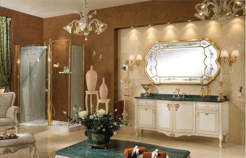 Luxury Classic Bathroom with Mirror in Wooden Frame and Gold Trim