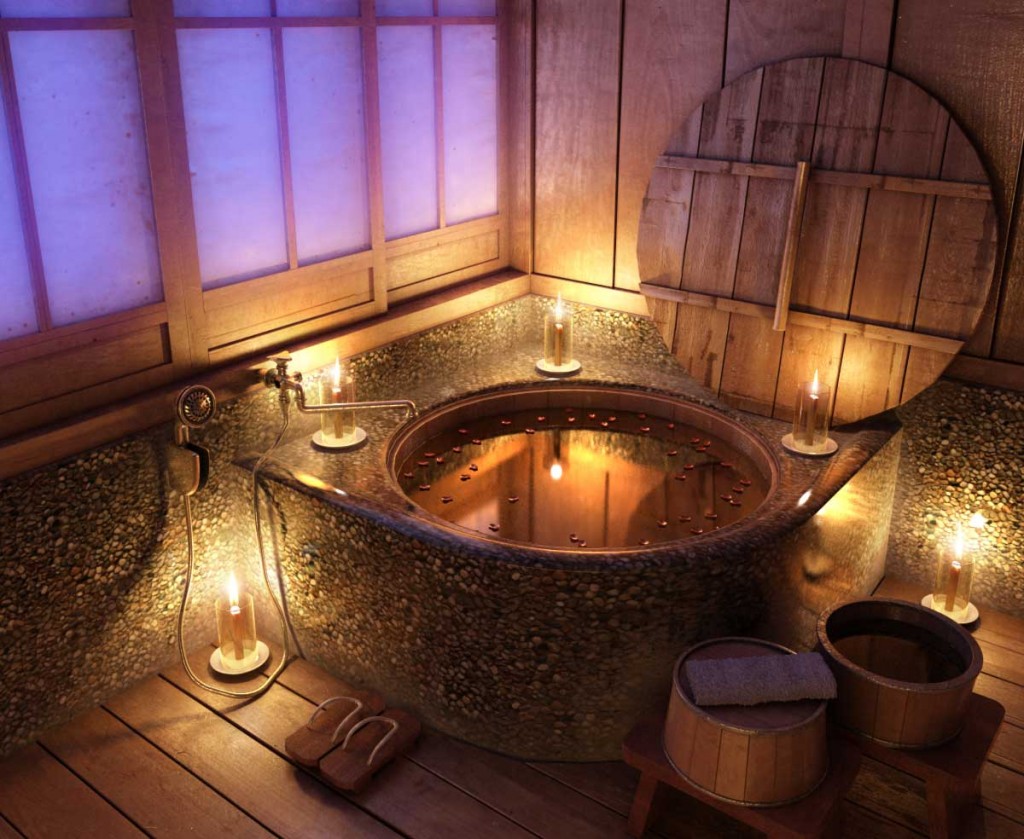 Bathroom Scene Night Time Rustic Bathroom with Flower Bath by-Mr Hahn