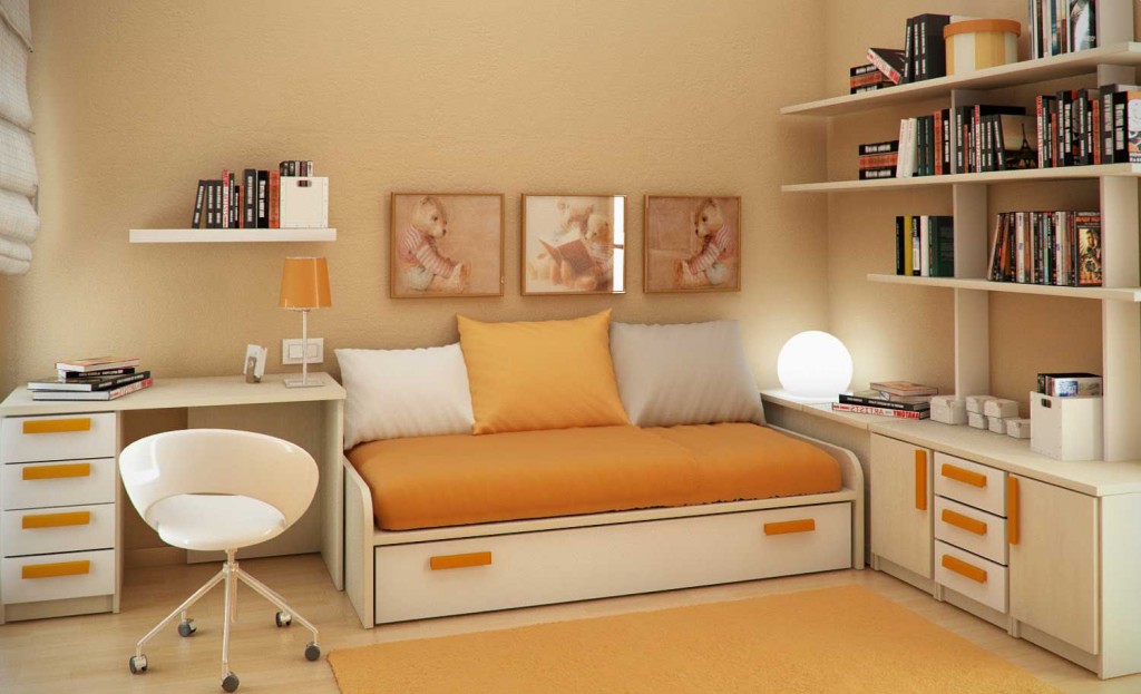 Beautiful Children Room Wdeas with Orange Rug and White Bookcase