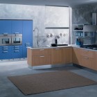 Cool Blue Kitchen with Unique Wall Decor and Brown Rug
