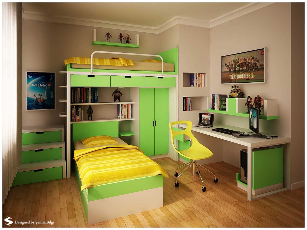 Green and Yellow with minimalist Bookcase Teen Room by Semsa