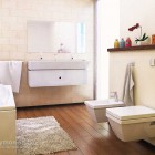 Modern and Practical Beige Bathroom with White Rug