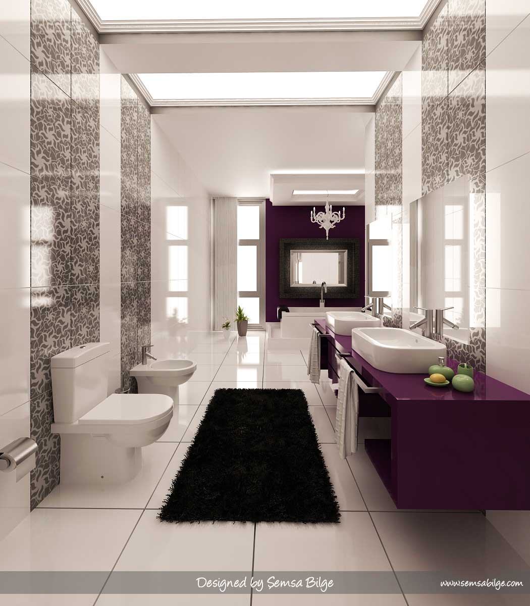 Purple and White Graphic Wall Print Bathroom with Black Rug
