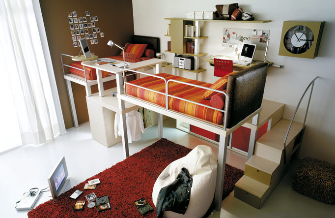 Twin Bunk Beds and Lofts Design for Kids with Red Rugs