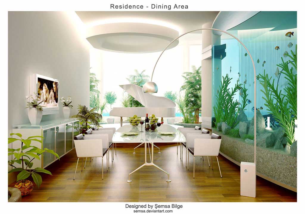 White Themed Dining Room Design Ideas Glass Aquarium on the Side